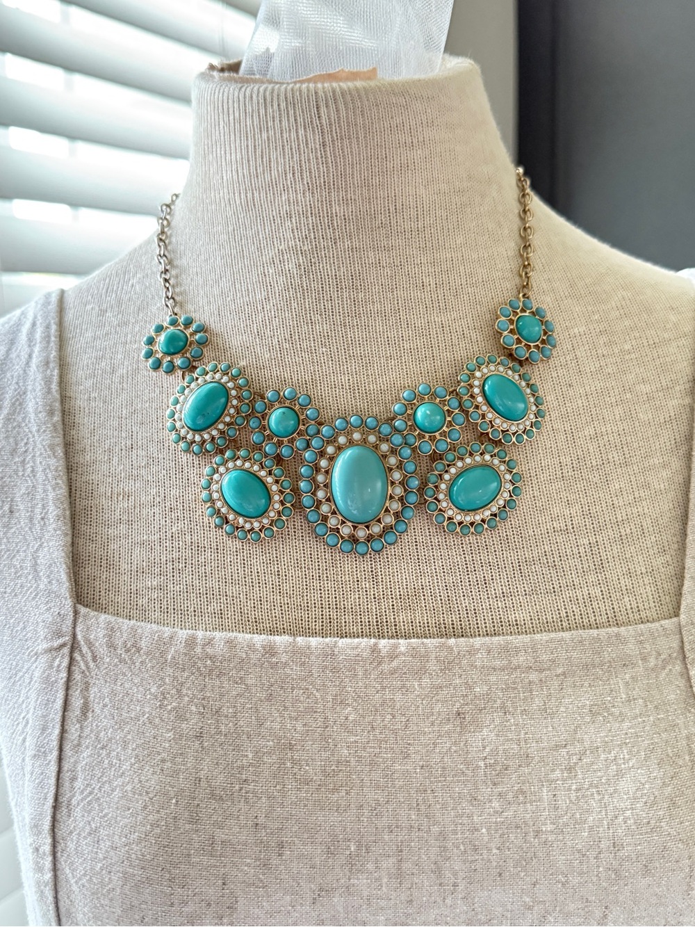 Gold Tone Faux Turquoise Statement Necklace – Beaded Halo Cabochons